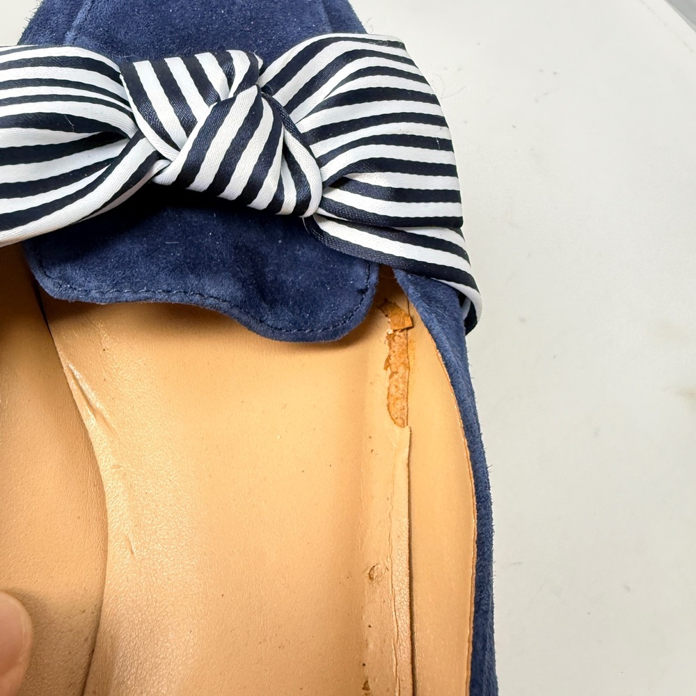Talbots Flats Navy Blue Suede 7.5M Striped Bow Square Toe Loafers Preppy Classic - Picture 6 of 10
